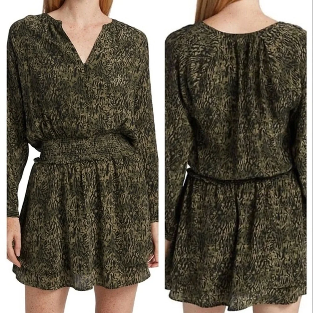 Rails Jasmine Olive Abstract print mini-dress smocked waist size Large NWT - Picture 2 of 13